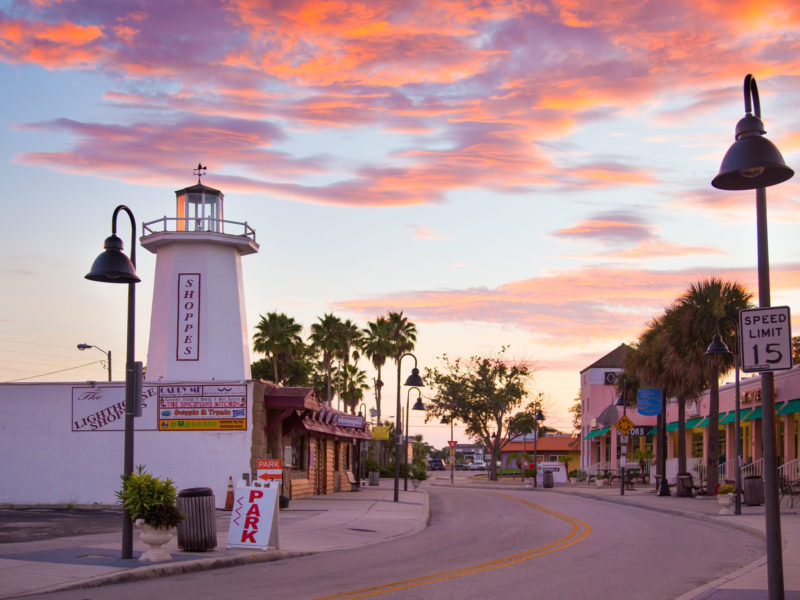 View of downtown Tarpon Springs, Florida at sunset.