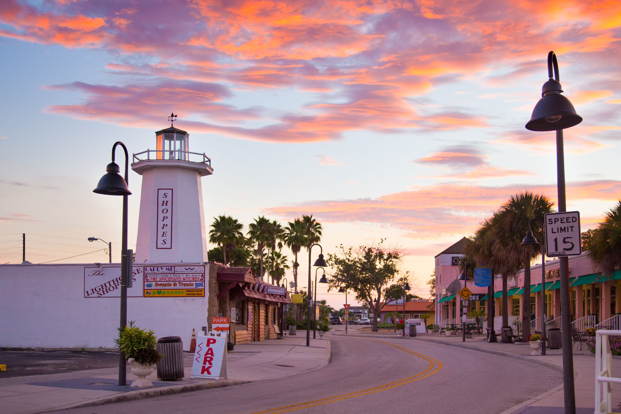 View of downtown Tarpon Springs, Florida at sunset.